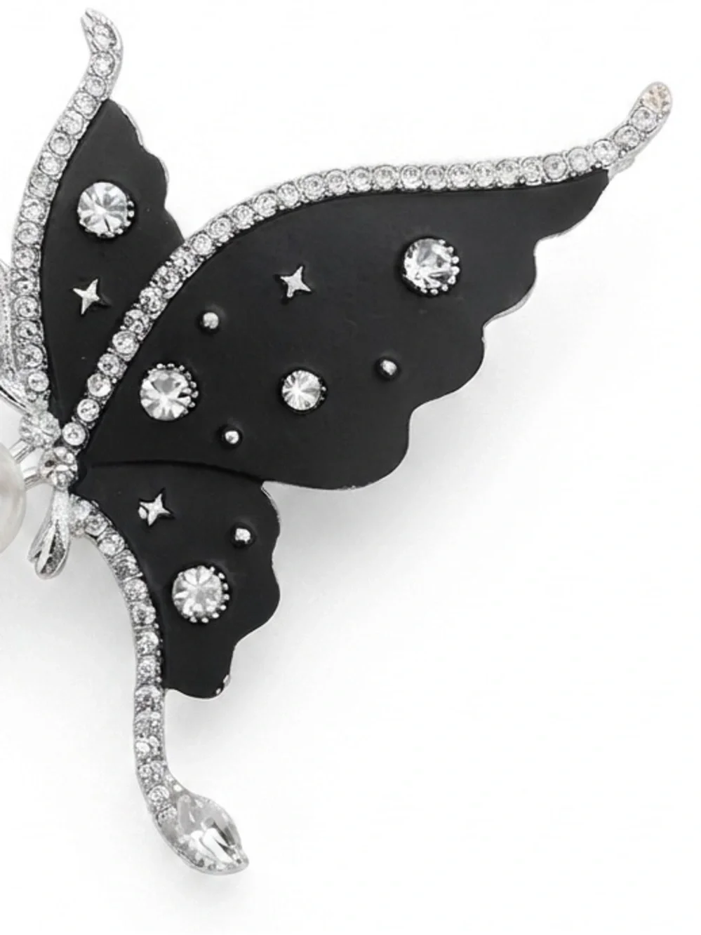 Stunning Black Butterfly Brooch with Pearl and Clear Crystals
